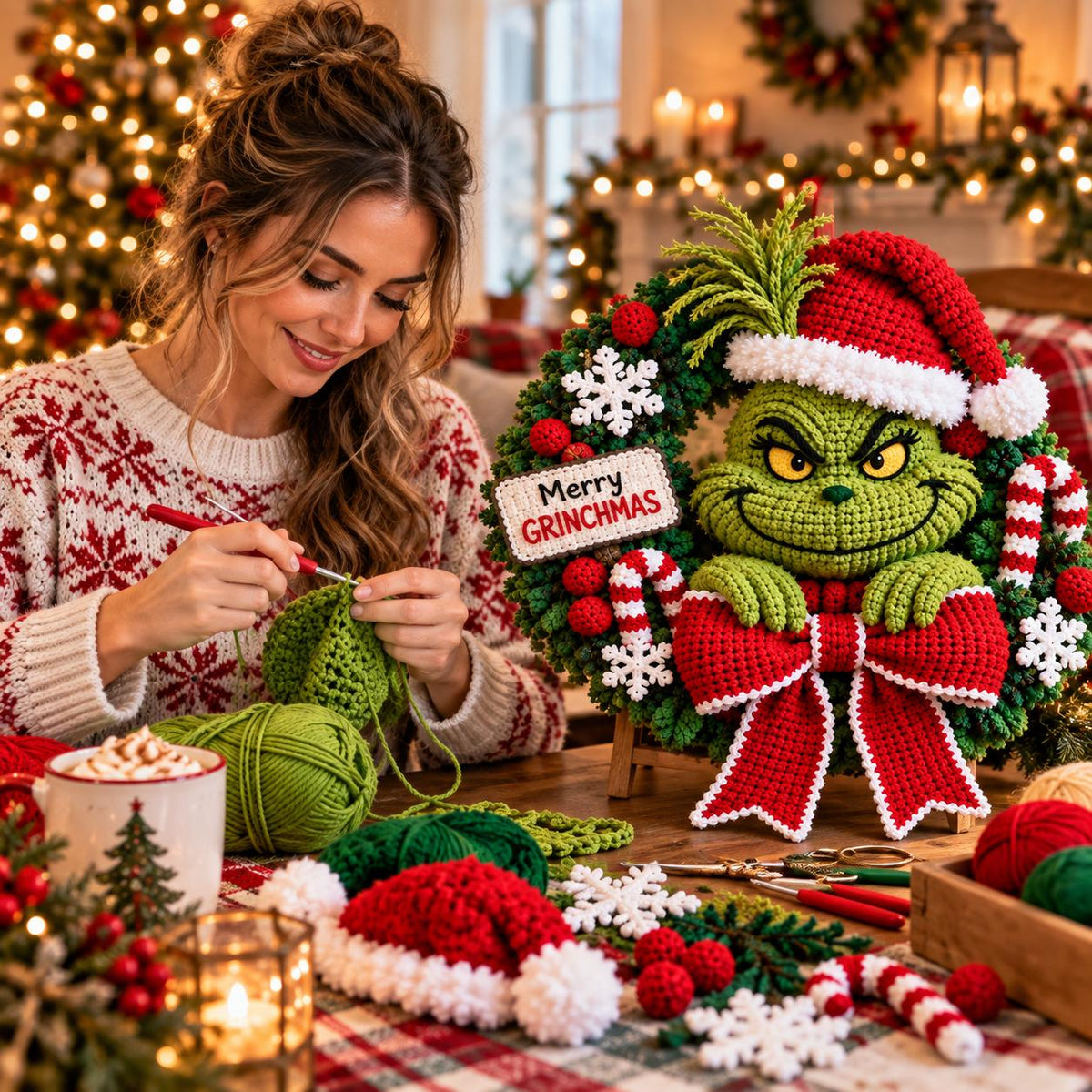 Festive Green Character Crochet Christmas Wreath