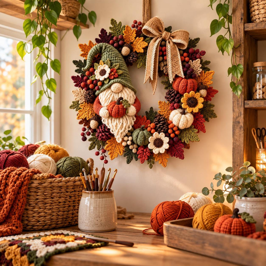 Fall Gnome & Sunflower Crochet Wreath