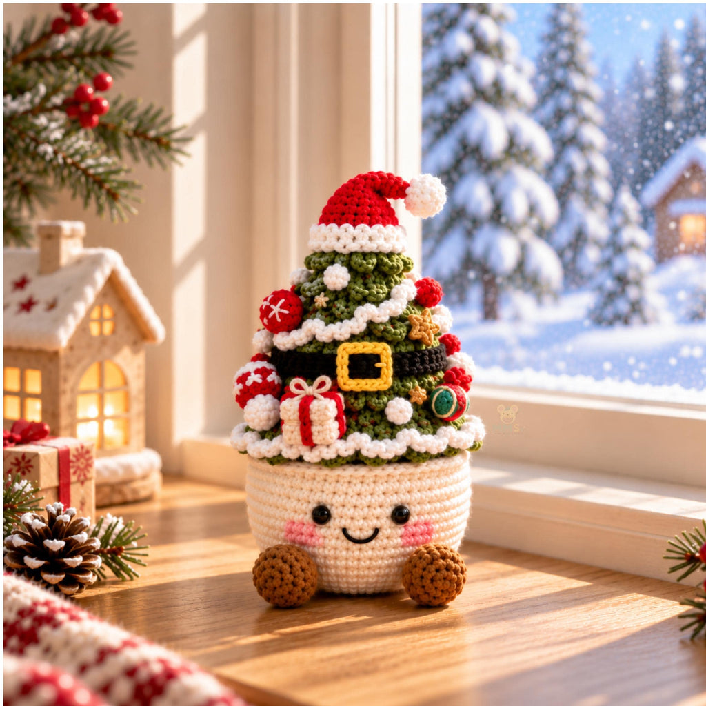 Handmade Crochet Christmas Tree Pot Shelf Decor