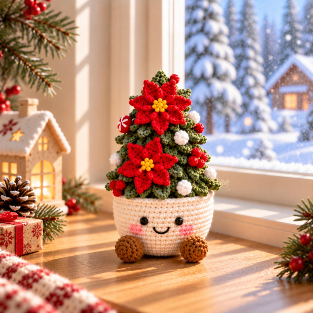Handmade Crochet Christmas Tree Pot Holiday Desk Decor