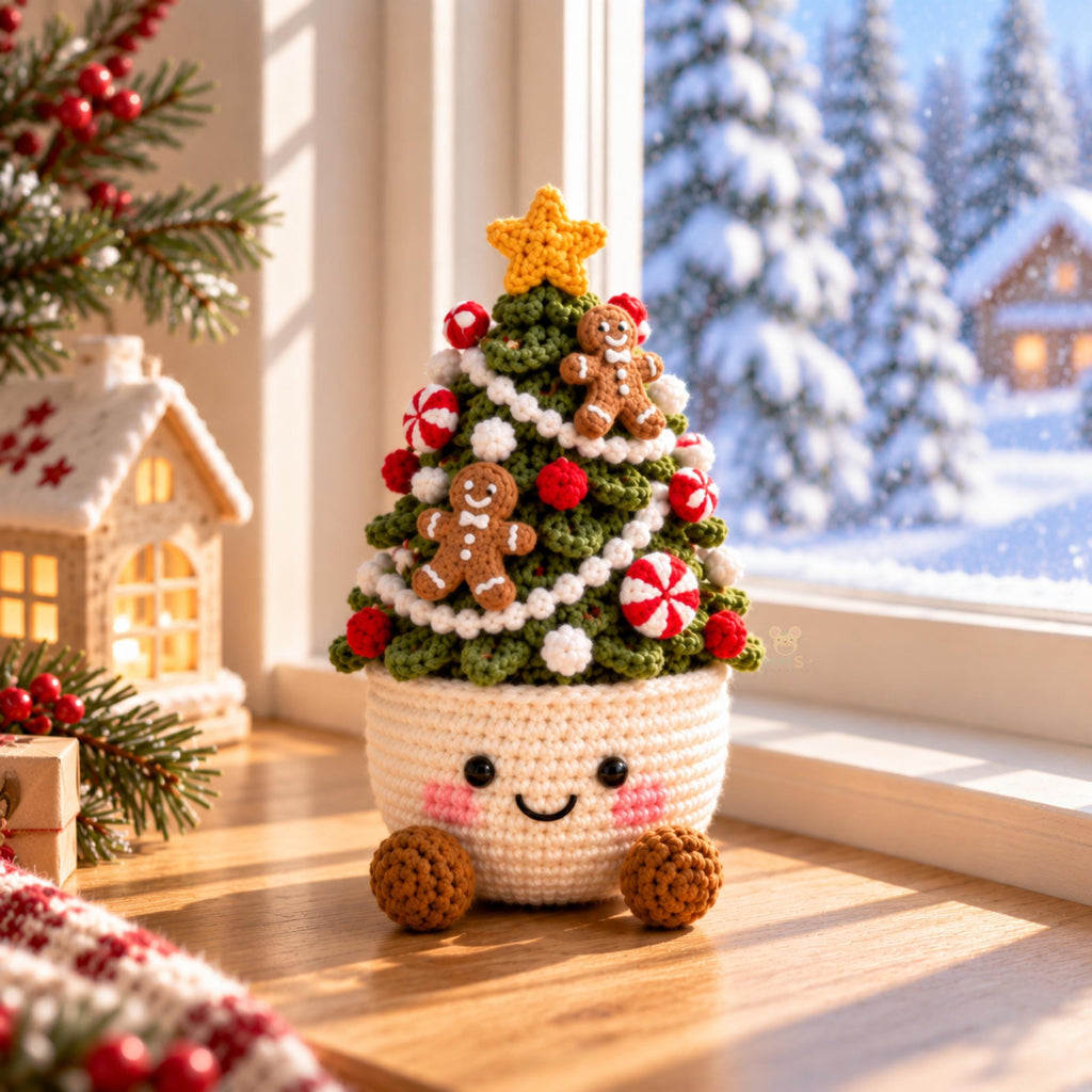 Handmade Crochet Christmas Tree Pot Holiday Desk Decor