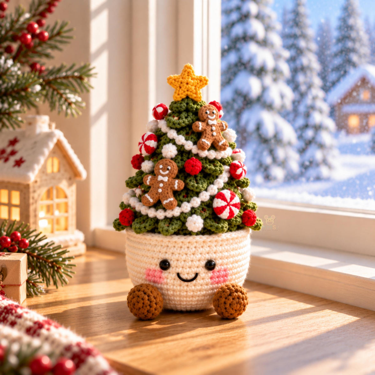 Handmade Crochet Christmas Tree Pot Holiday Desk Decor