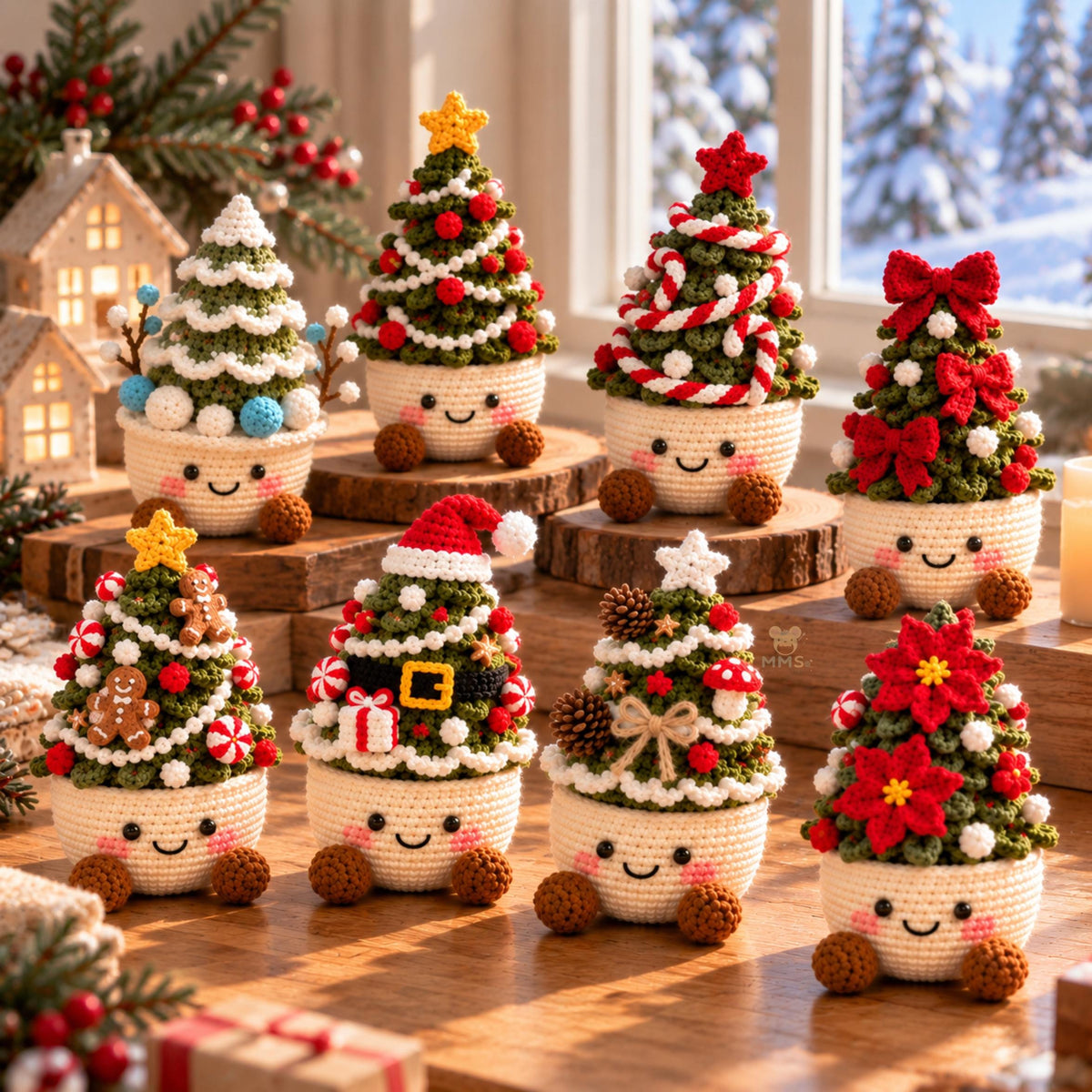 Handmade Crochet Christmas Tree Pot Holiday Desk Decor