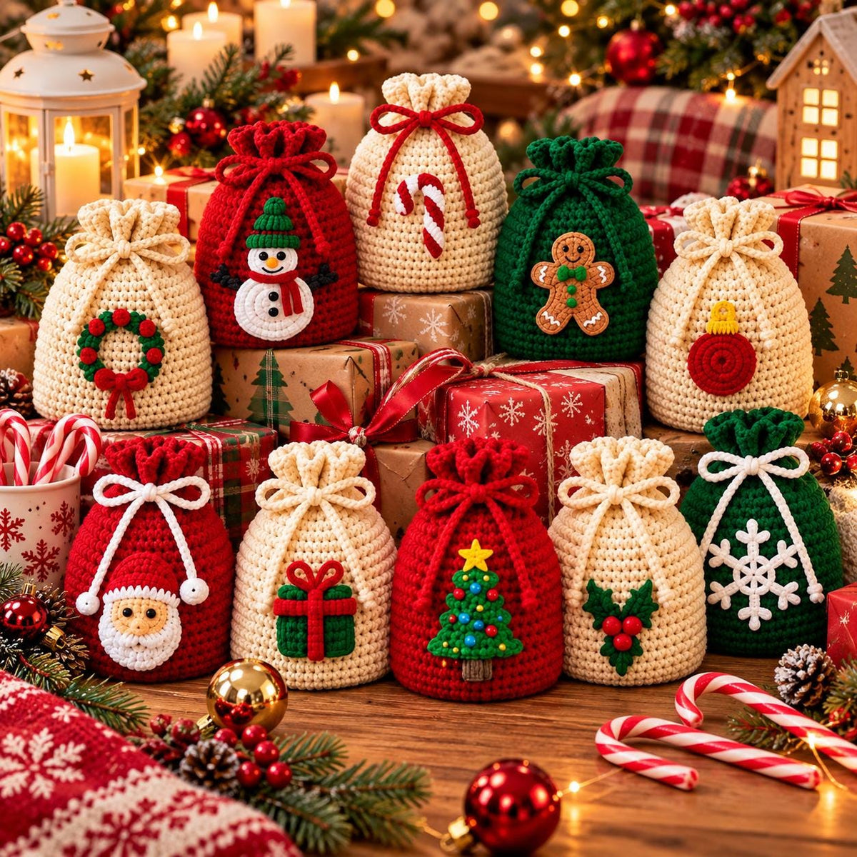 Crochet Christmas Drawstring Gift Bag