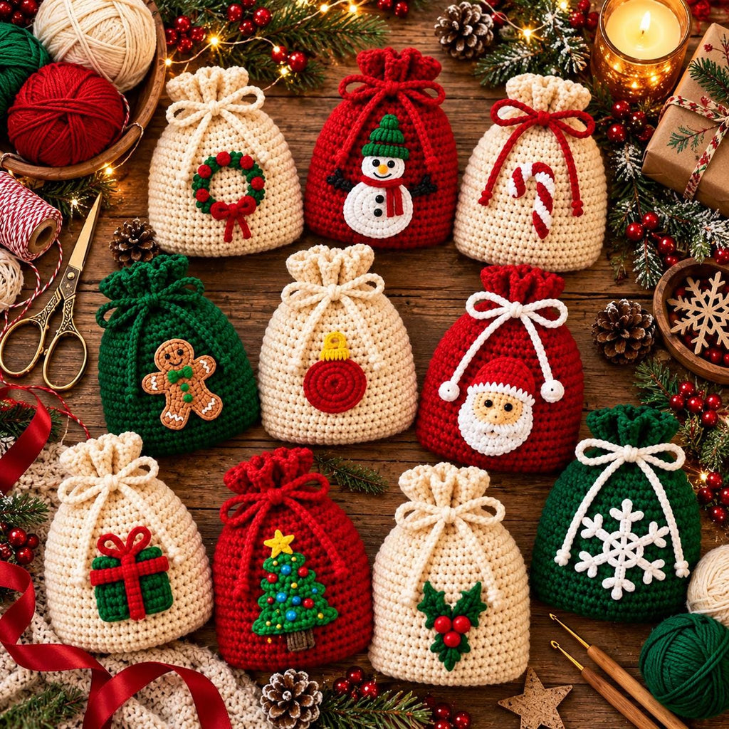 Crochet Christmas Drawstring Gift Bag