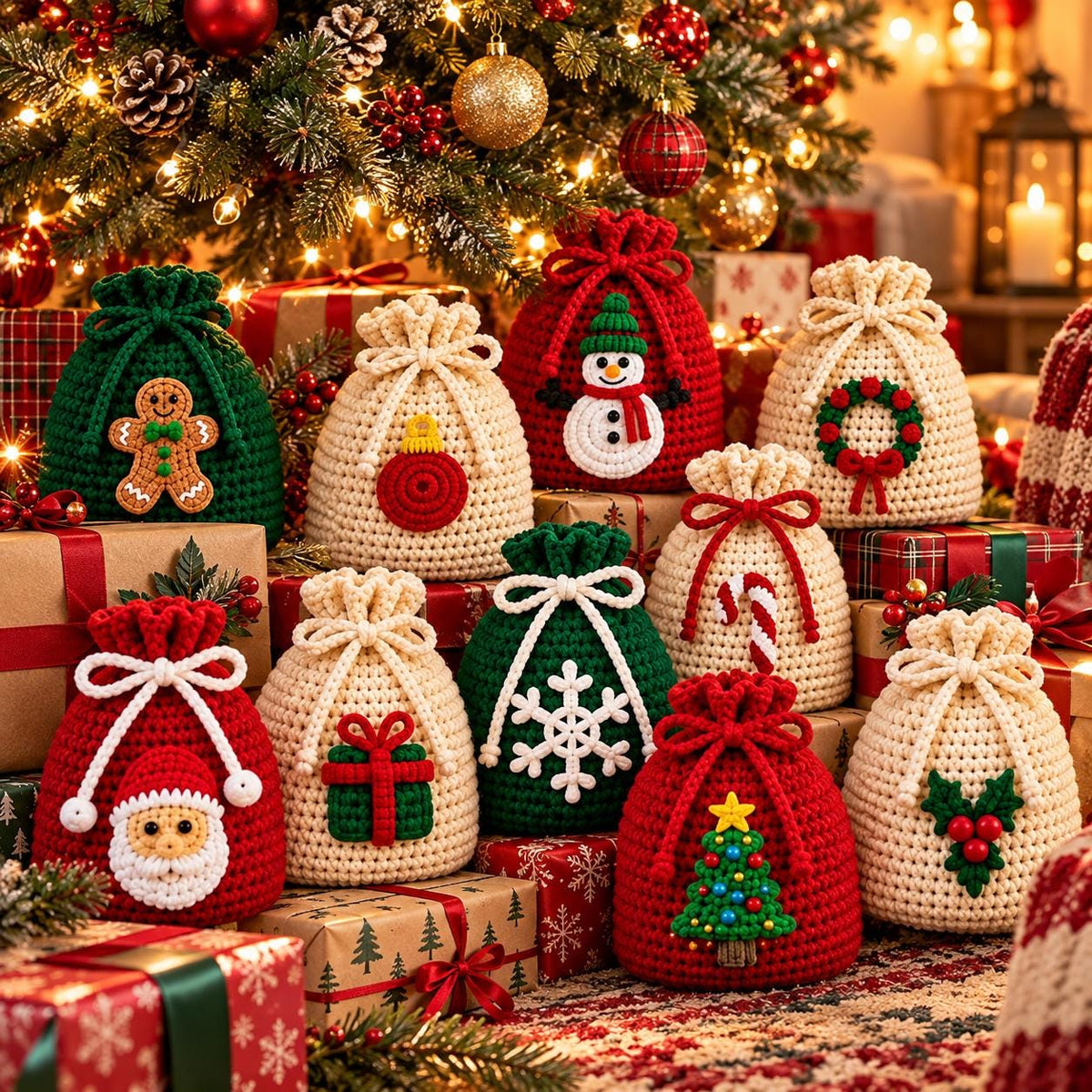 Crochet Christmas Drawstring Gift Bag