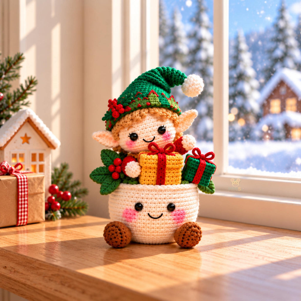 Handmade Christmas Elf Crochet Pot Holiday Desk Decor