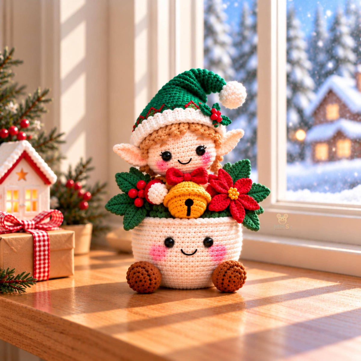 Handmade Christmas Elf Crochet Pot Holiday Desk Decor