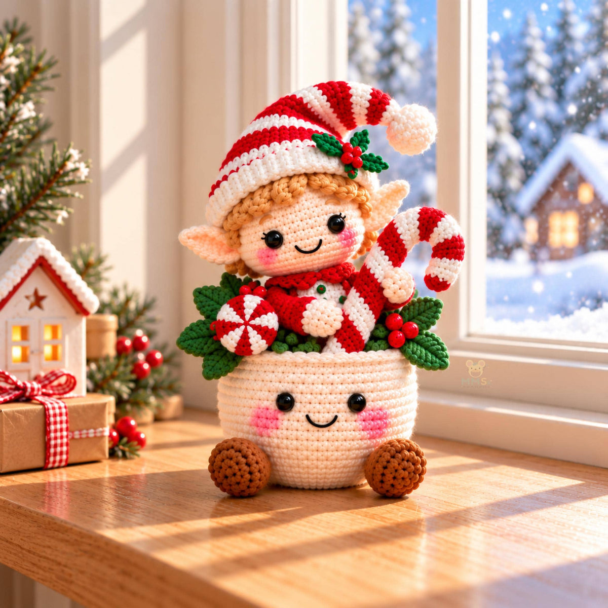 Handmade Christmas Elf Crochet Pot Holiday Desk Decor