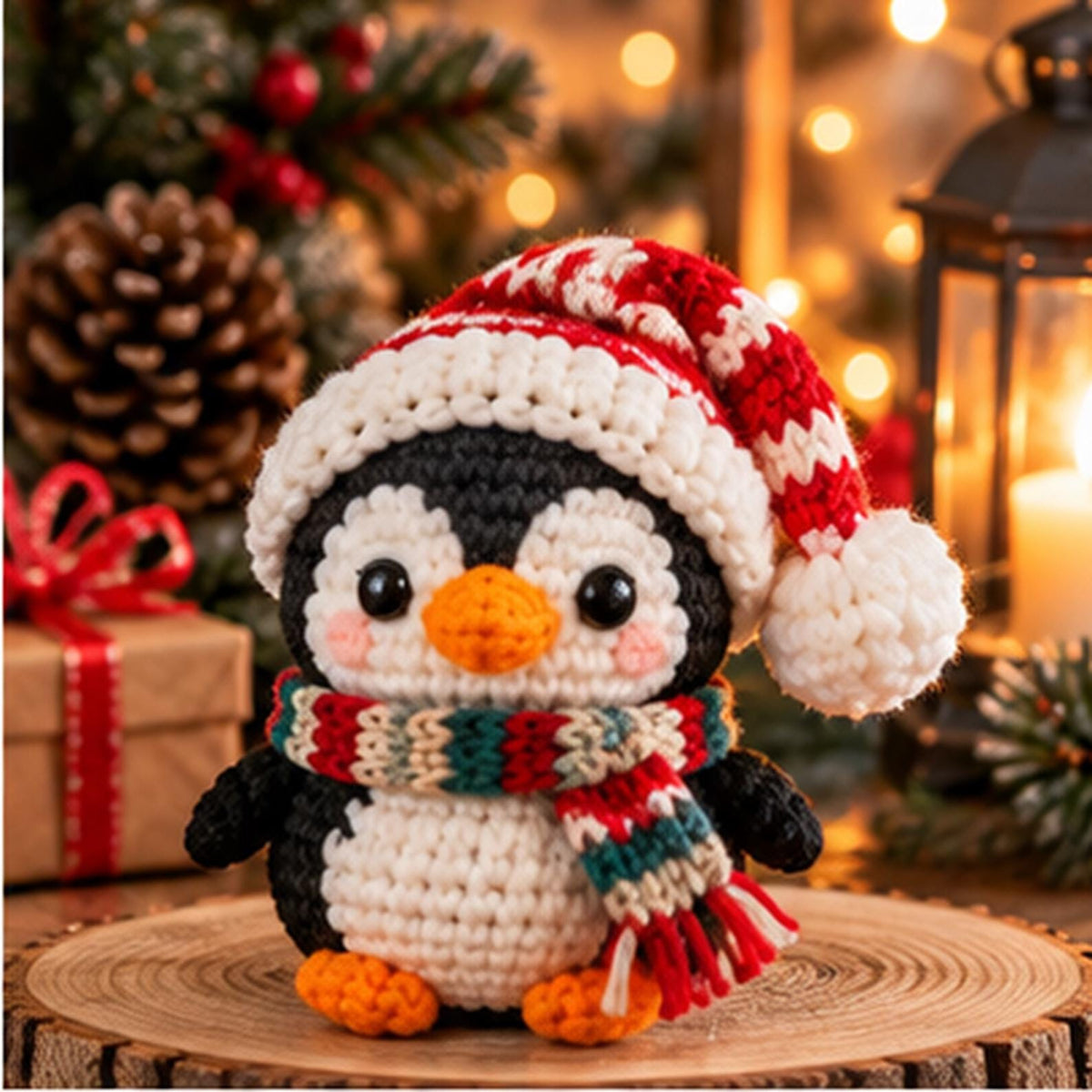 Crochet Christmas Penguin Ornament with Santa Hat