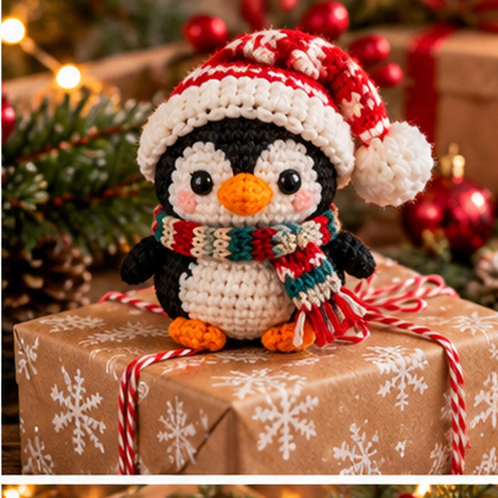 Crochet Christmas Penguin Ornament with Santa Hat