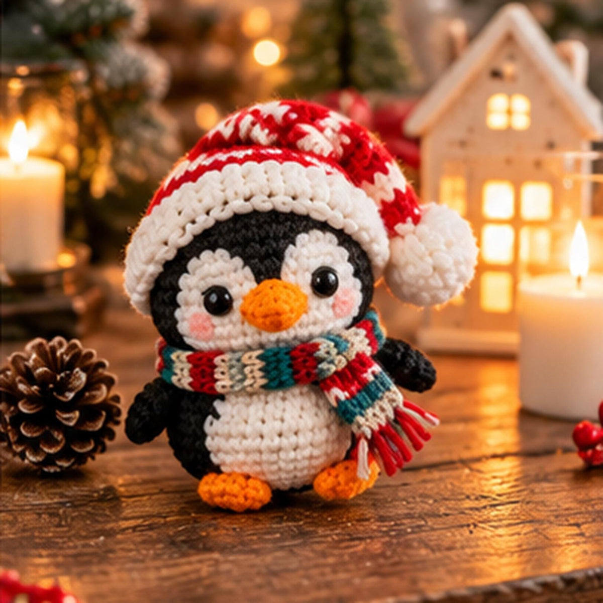 Crochet Christmas Penguin Ornament with Santa Hat