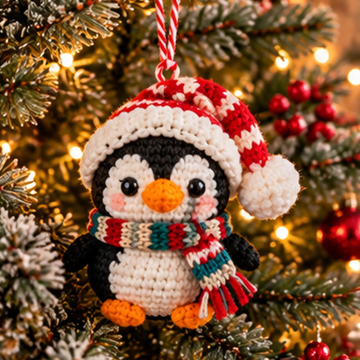 Crochet Christmas Penguin Ornament with Santa Hat