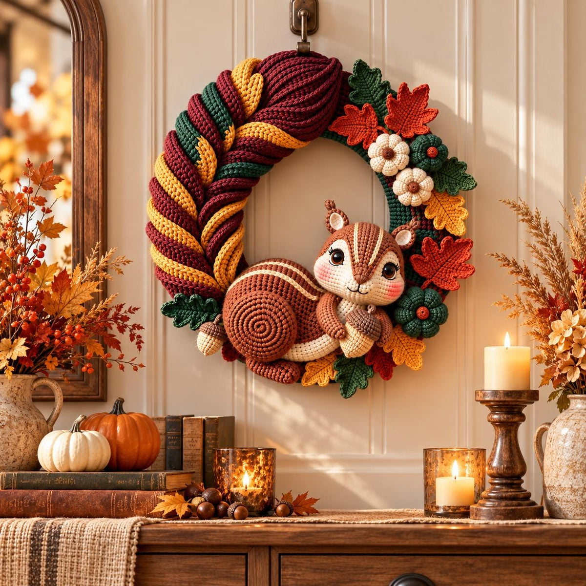 Autumn Squirrel Crochet Door Wreath