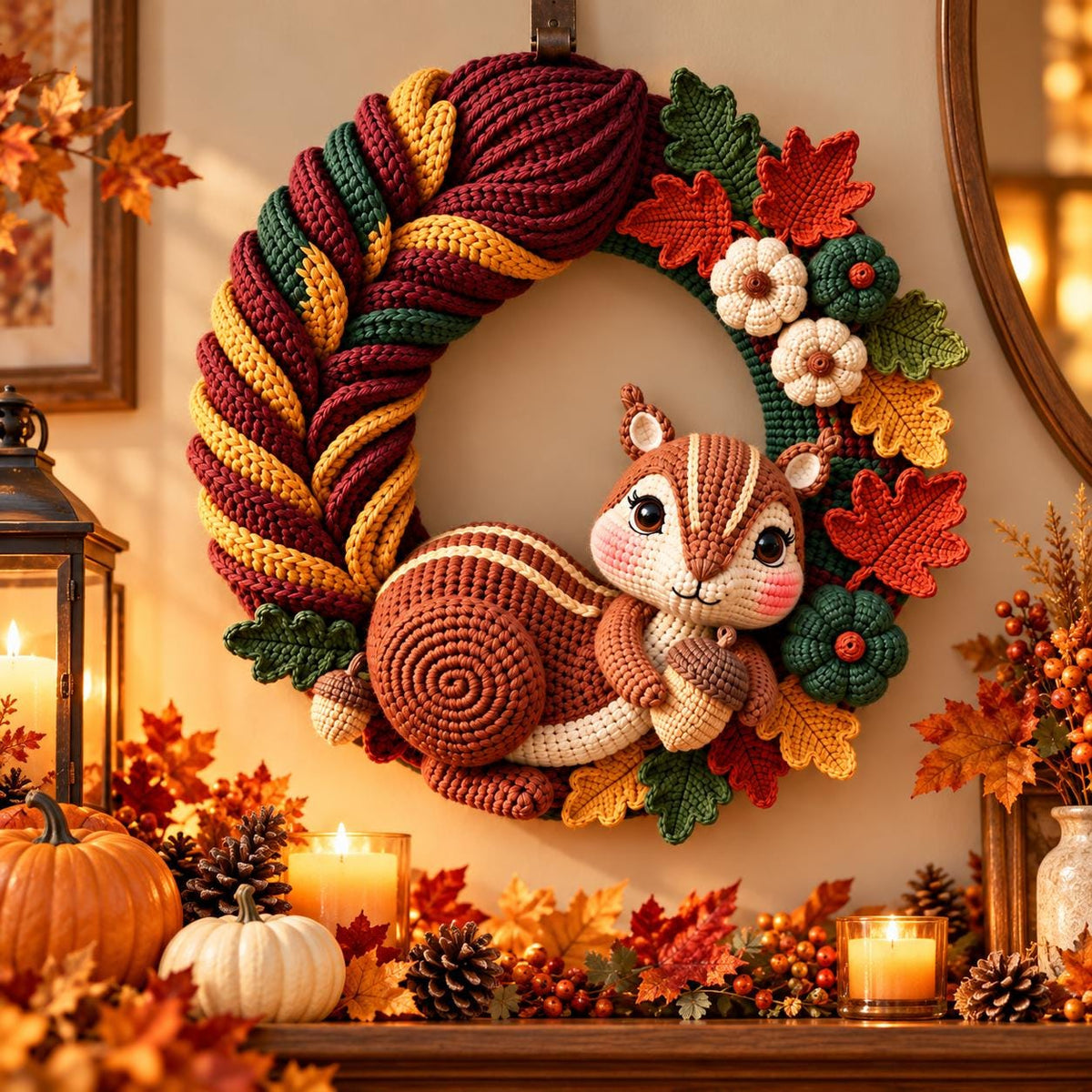 Autumn Squirrel Crochet Door Wreath