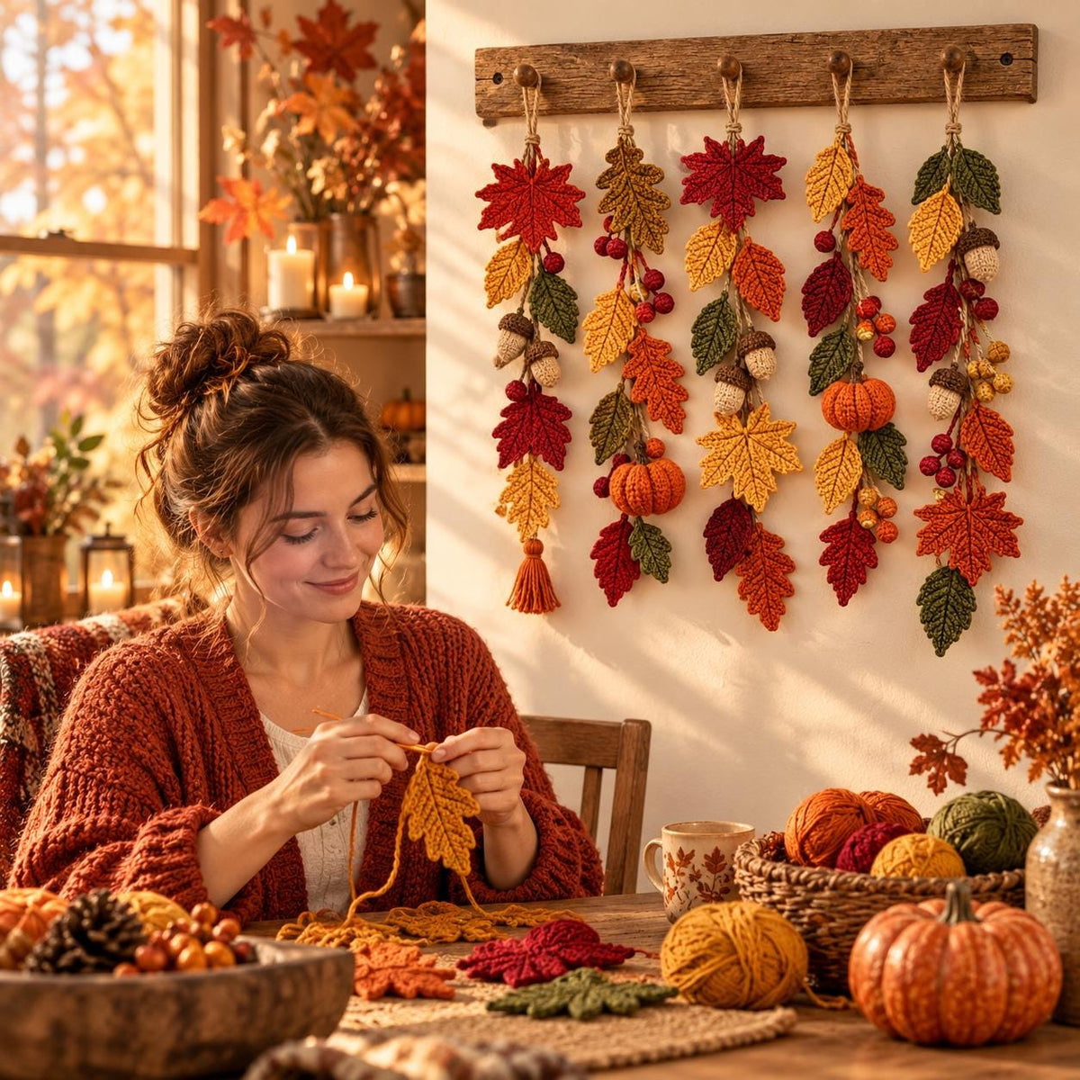 Autumn Leaves & Pumpkin Crochet Garland