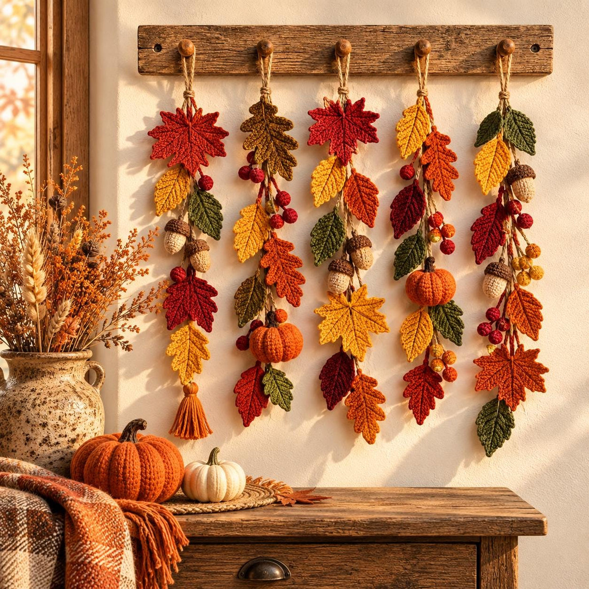 Autumn Leaves & Pumpkin Crochet Garland