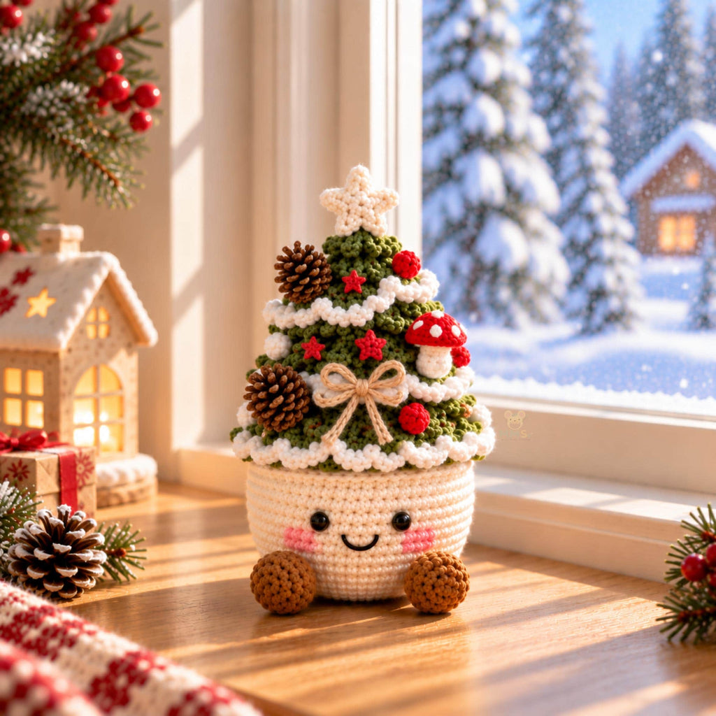 Handmade Crochet Christmas Tree Pot Shelf Decor