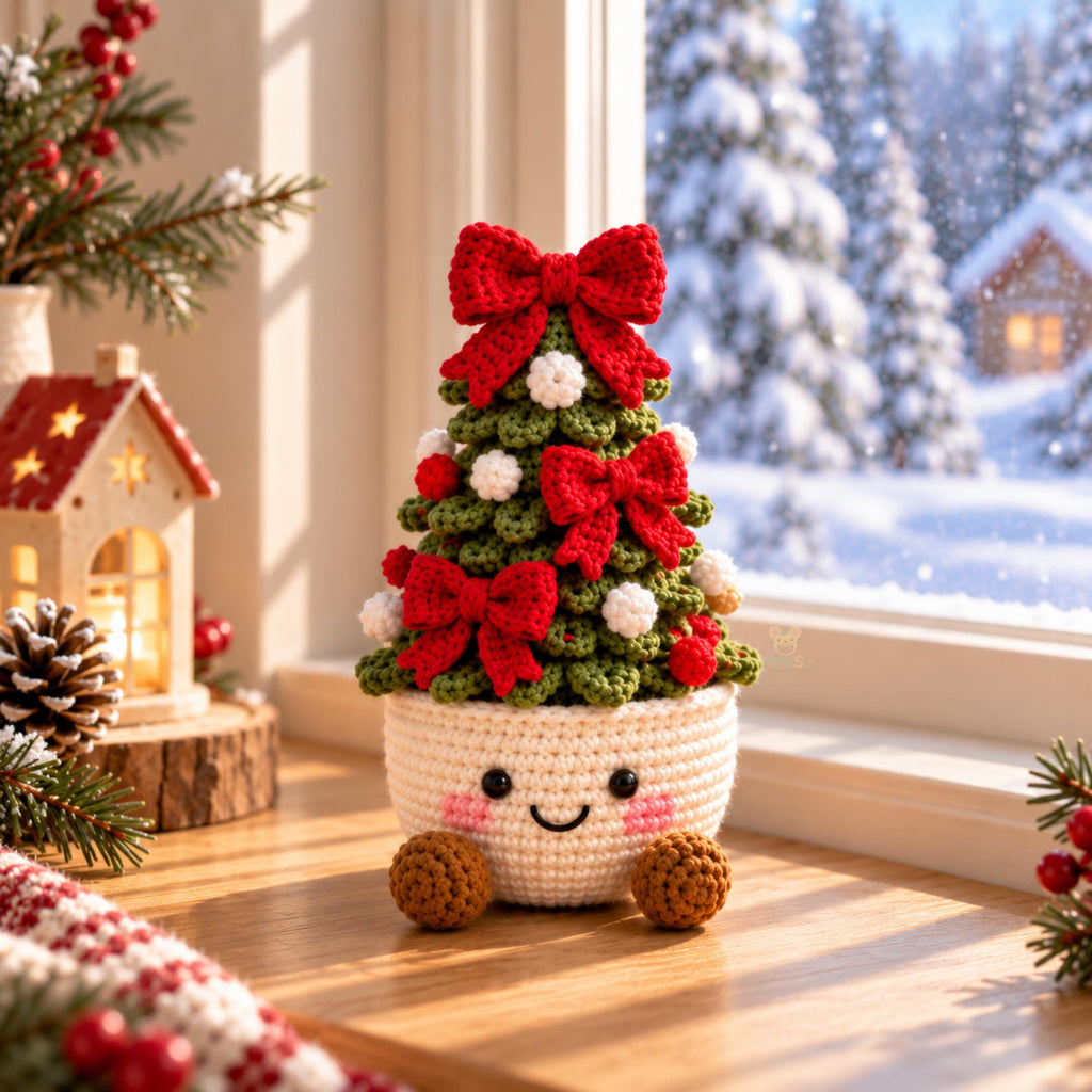 Handmade Crochet Christmas Tree Pot Holiday Desk Decor