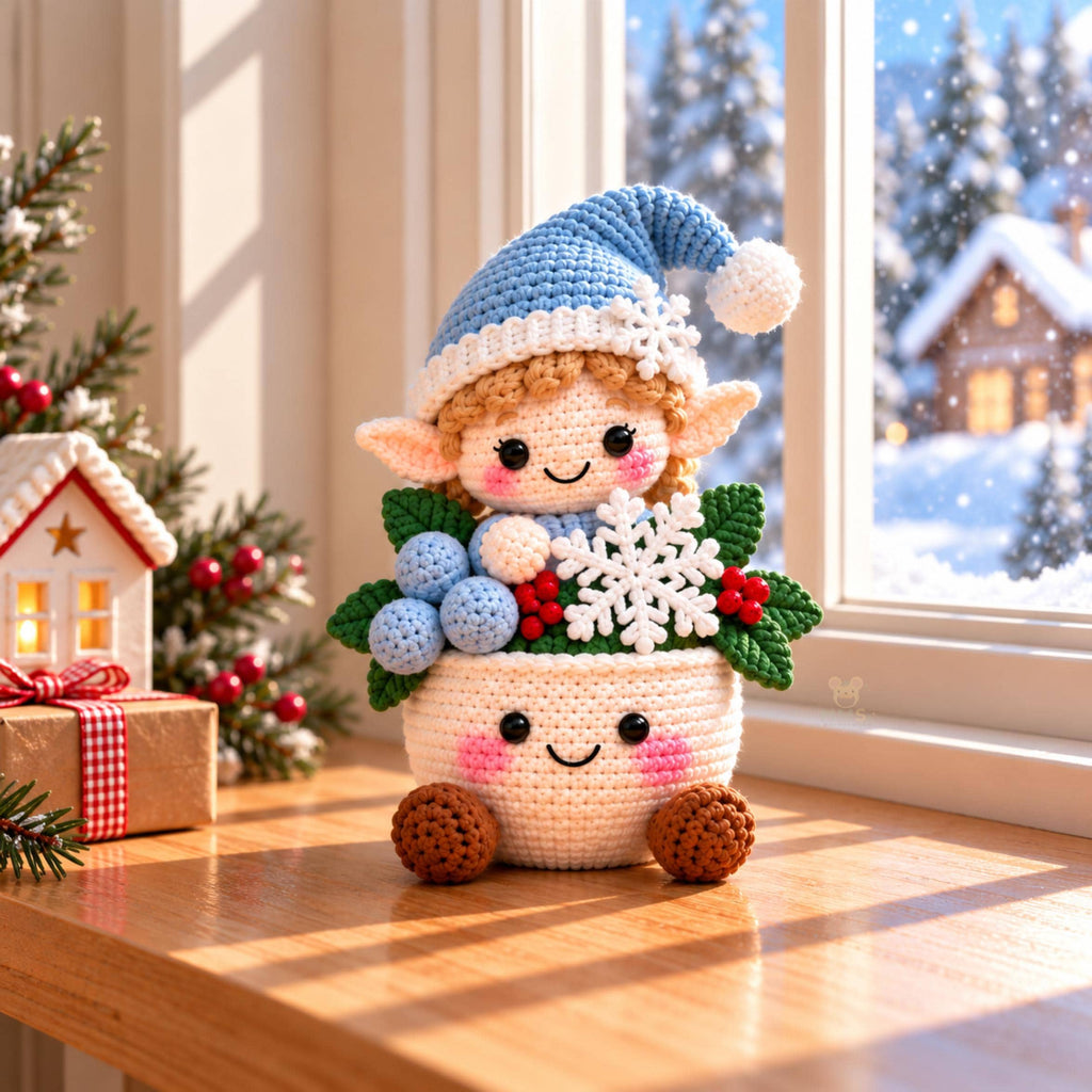 Handmade Christmas Elf Crochet Pot Holiday Desk Decor