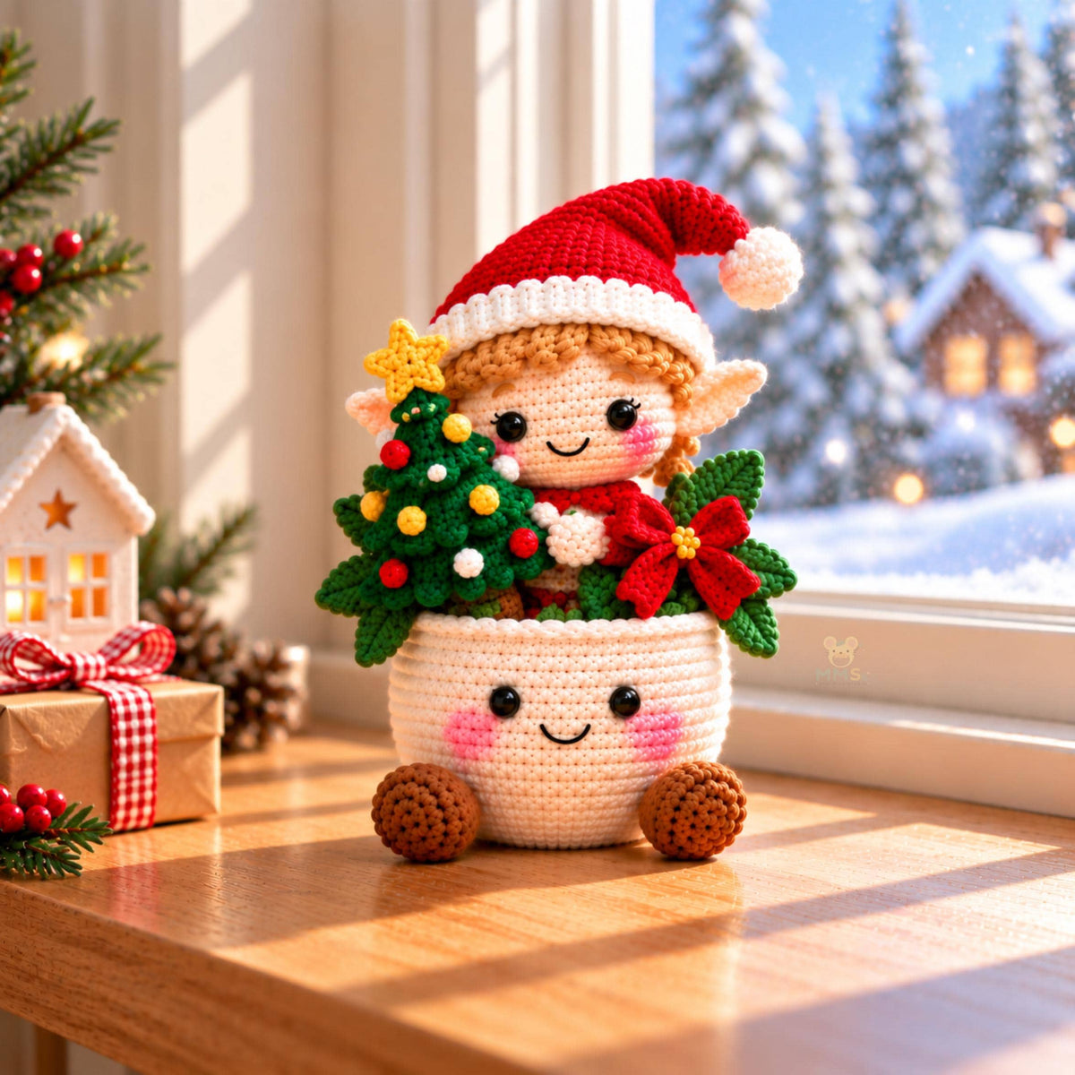 Handmade Christmas Elf Crochet Pot Holiday Desk Decor