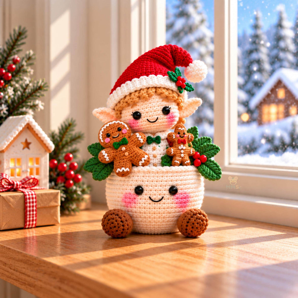 Handmade Christmas Elf Crochet Pot Holiday Desk Decor